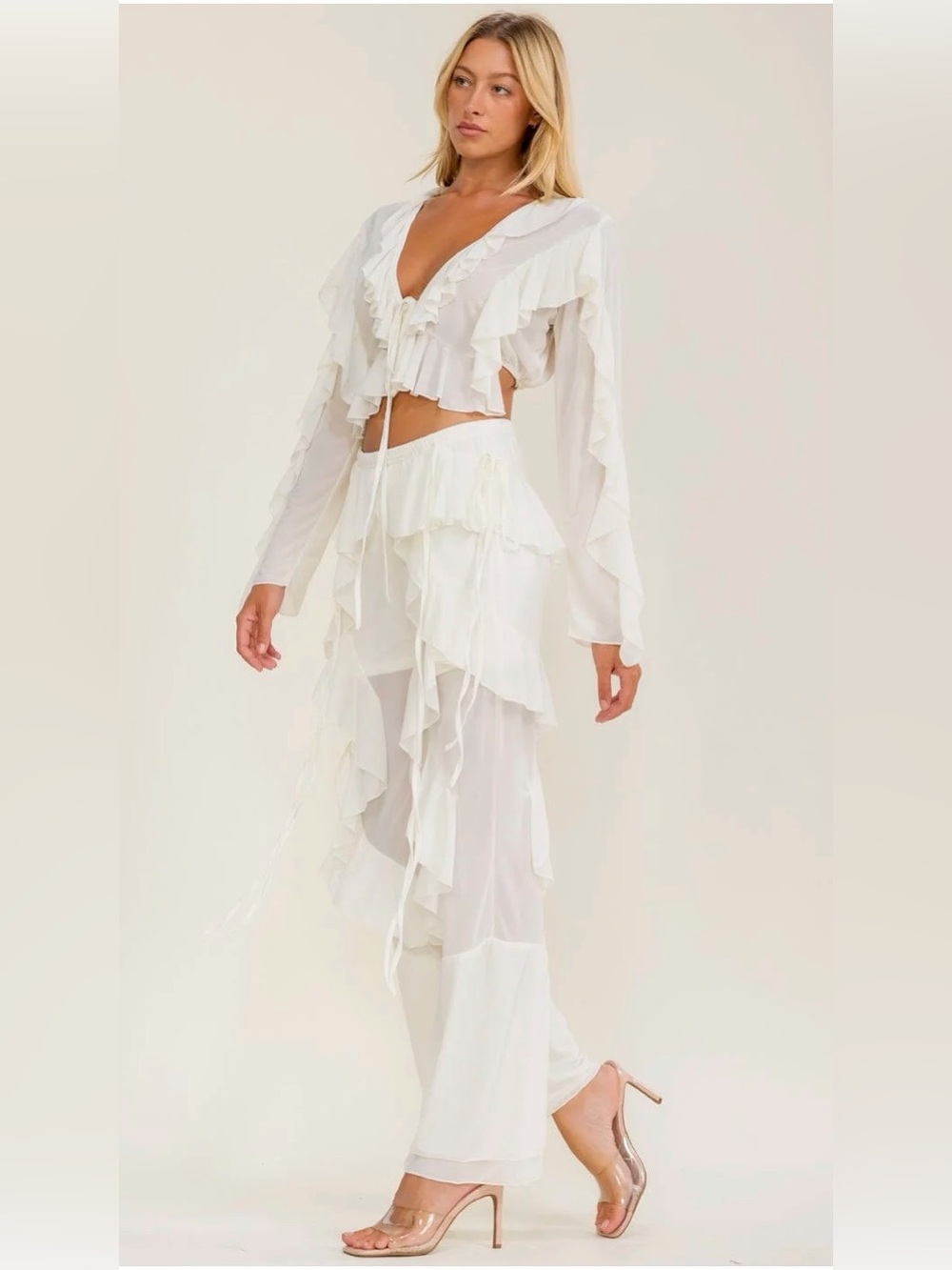 A741. White Ruffled Sheer Two-Piece Set
